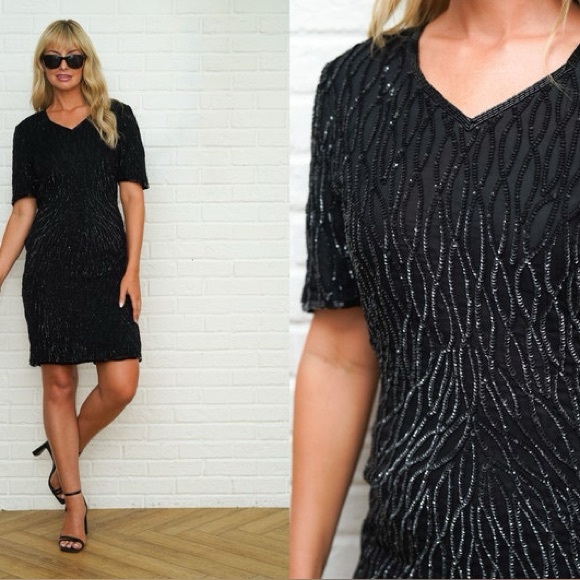 Vintage Dresses & Skirts - Vintage 90’s Mark & John By Gopal Sequin Dress Black Beaded Open Back Cutout
